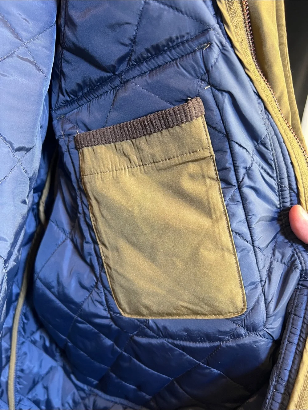 Chaps Quilted Olive Jacket with Brown Corduroy Collar